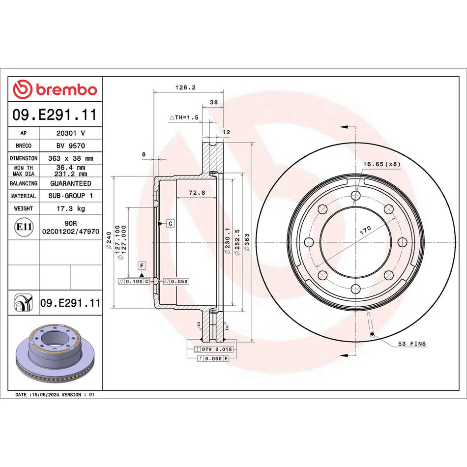 Disque de frein avant Brembo 16-17 Volvo XC60 avec revêtement UV